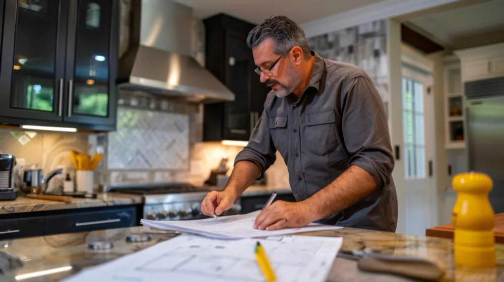 A kitchen designer marking up plans on a benchtop